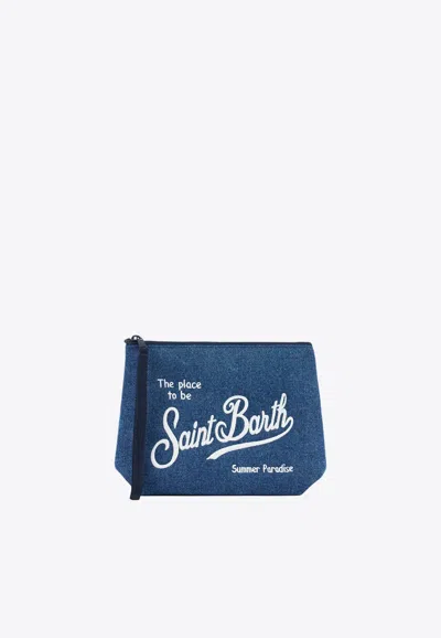 Mc2 Saint Barth Aline Logo Embroidered Linen Pouch In Blue
