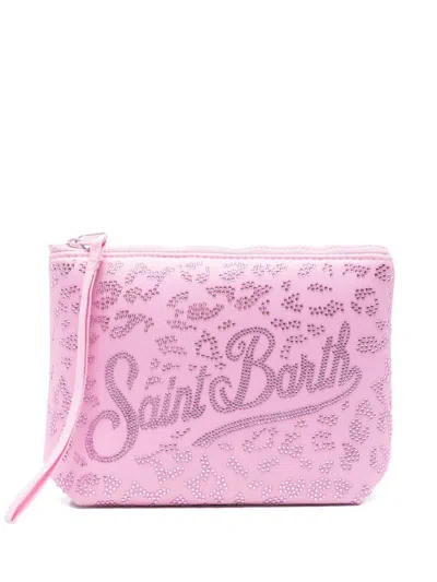 Mc2 Saint Barth Aline Strass Clutch With Pink Leopard Print Logo