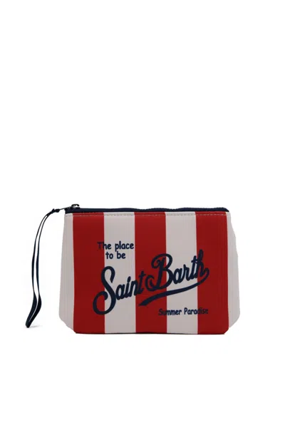 Mc2 Saint Barth Aline Stripes Pop Clutch Bag In Neoprene In Rosso/bianco