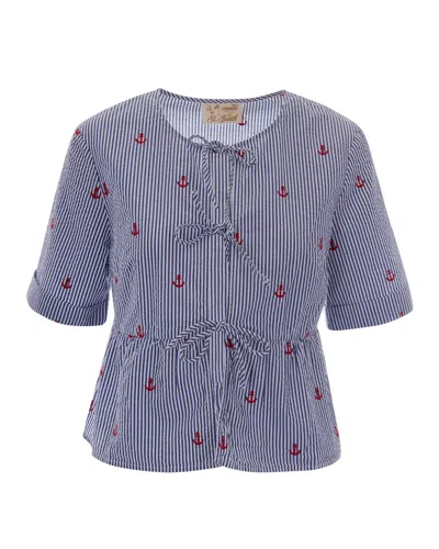 Mc2 Saint Barth Alyson Blouse With Vertical Stripes And Peplum Detail In Blue