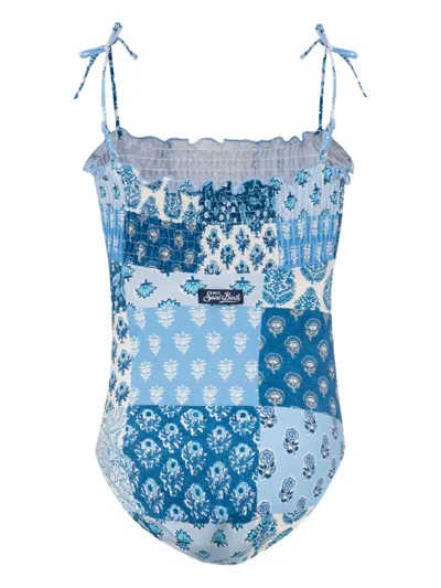 Mc2 Saint Barth Kids' Amina Patchwork Bandeau-print Swimsuit In Blue