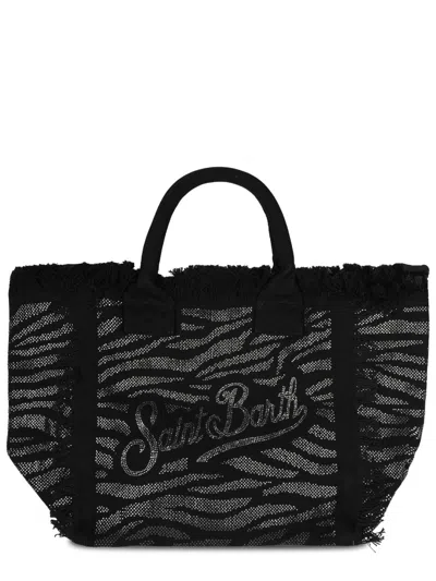 Mc2 Saint Barth Cotton Tote Bag With Animal Print And Textured Logo In Black