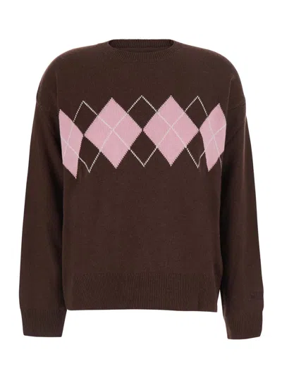 Mc2 Saint Barth Argyle Round-neck Sweater With Long Sleeves In Brown