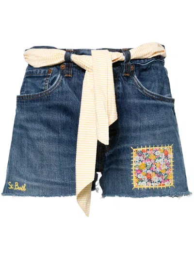 Mc2 Saint Barth Arizona Attached-scarf Denim Shorts In Blue