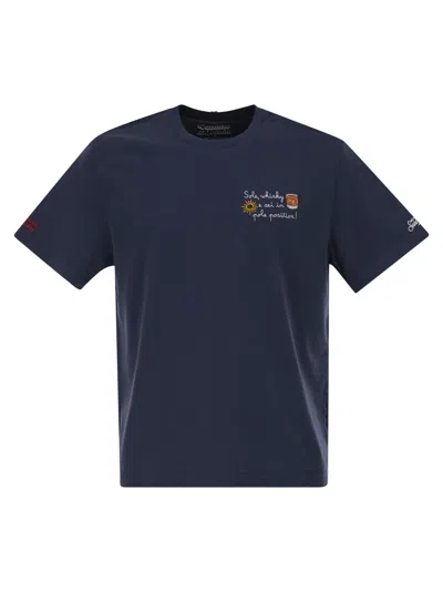 Mc2 Saint Barth Arnott Cotton T Shirt With Embroidery In Blue