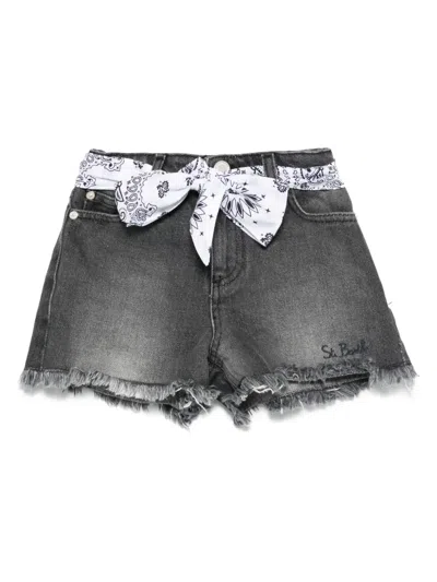 Mc2 Saint Barth Kids' Bandana-detail Denim Shorts In Gray