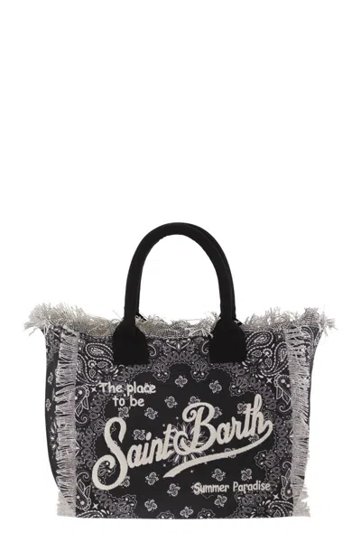 Mc2 Saint Barth Bandana-print Tote Bag With Fringed Edges And Embroidered Logo In Black