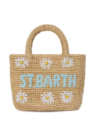 Mc2 Saint Barth Beach Mini Raffia Bag With Embroidered Daisies In Brown
