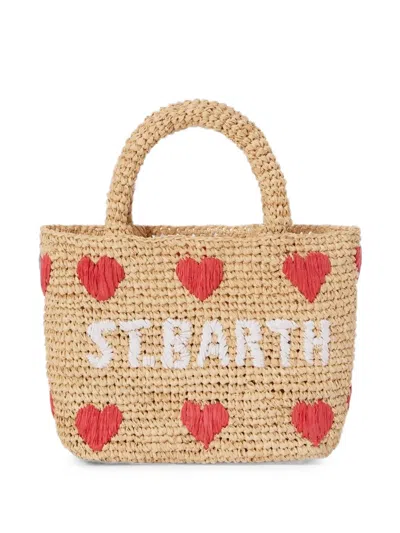 Mc2 Saint Barth Beach Mini Raffia Bag With Embroidered Hearts In Brown