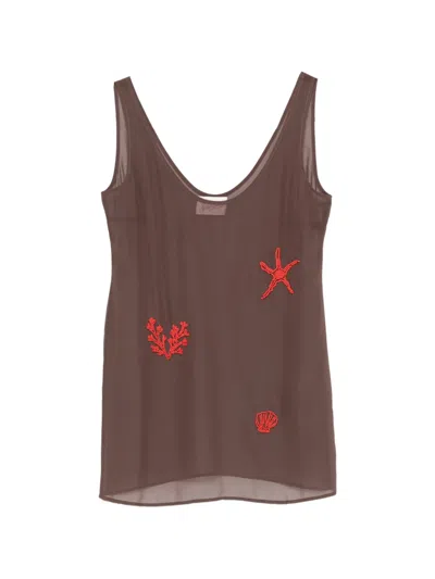 Mc2 Saint Barth Bead-embellished Semi-sheer Mini Dress In Brown