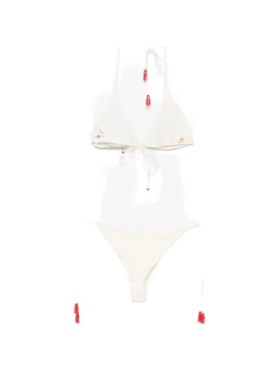 Mc2 Saint Barth Bead-embellished Tassel Bikini In Neutral
