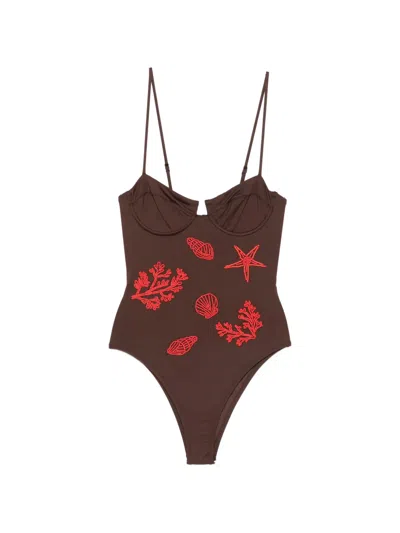 Mc2 Saint Barth Bead-embellished Underwired Swimsuit In Brown
