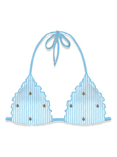 Mc2 Saint Barth Bee-print Ruffled Bikini Top In Blue