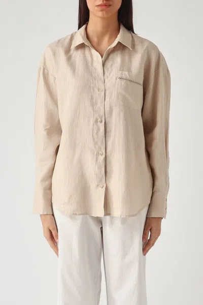 Mc2 Saint Barth Beige Linen Cristal Shirt With Perforated Saint Barth Embroidery