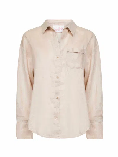 Mc2 Saint Barth Beige Linen Embroidered Crystal Shirt In Neutral