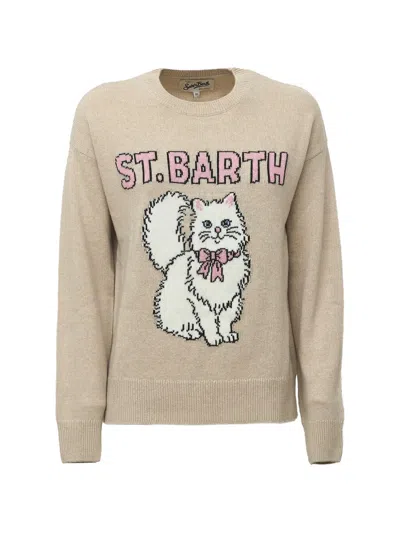 Mc2 Saint Barth Beige Tessa Wool And Cashmere Blend Crewneck Knit With Kitten Intarsia In Neutral