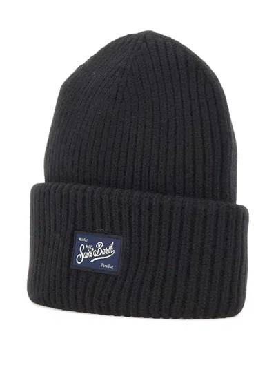 Mc2 Saint Barth Berry Ribbed Logo-patch Beanie Hat In Black