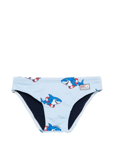 Mc2 Saint Barth Kids' Billy Gingham Shark-print Swim Trunks In Blue