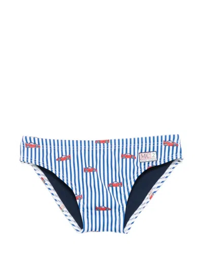 Mc2 Saint Barth Kids' Billy Striped Car-print Swim Trunks In White