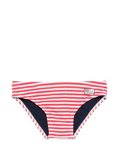 Mc2 Saint Barth Kids' Billy Striped Logo-patch Swim Briefs In Red