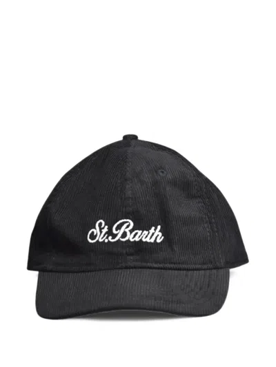 Mc2 Saint Barth Black Baseball Corduroy Cap With Logo Embroidery
