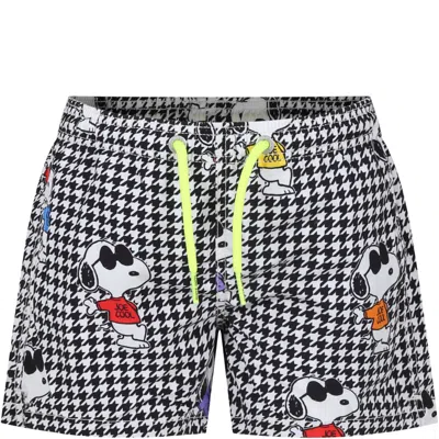 Mc2 Saint Barth Kids' Black Swim Shorts For Boy With Snoopy In Multicolor