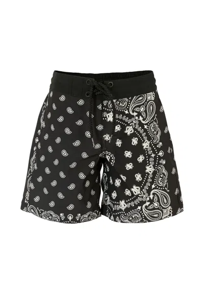 Mc2 Saint Barth Kids' Black Swim Shorts For Boy With White Bandana Print