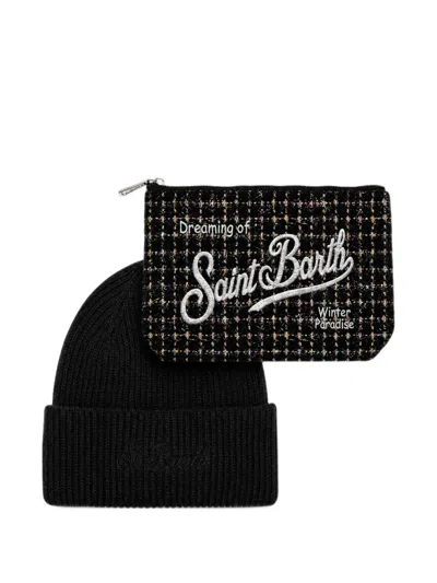 Mc2 Saint Barth Black Tweed Pochette And Black Beanie Set