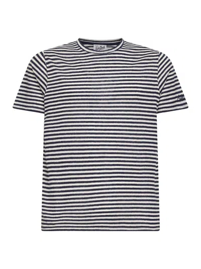 Mc2 Saint Barth Blue And Cream Striped Linen Blend Logo Embroidered Dover T-shirt In Multi