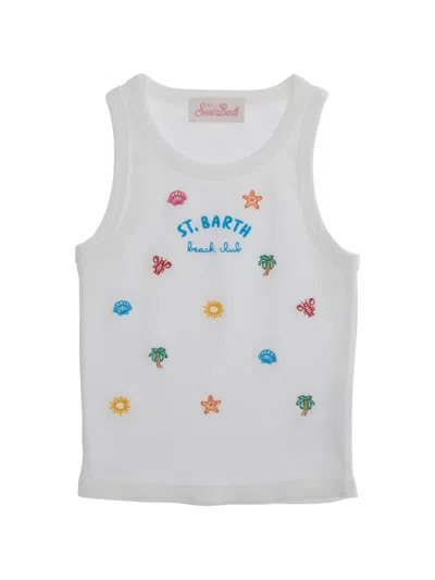 Mc2 Saint Barth Kids' Blue Jr Embroidered-details Cotton Tank Top In White
