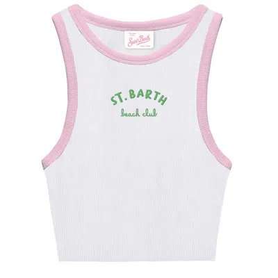 Mc2 Saint Barth Kids' Blue Jr Tank-top White With Embroidered Logo And Pink Trims