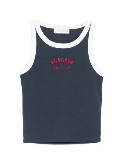 Mc2 Saint Barth Kids' Blue Logo-embroidered Ribbed Tank Top