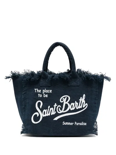 Mc2 Saint Barth Blue Navy Canvas Vanity Large Bag With Fringes