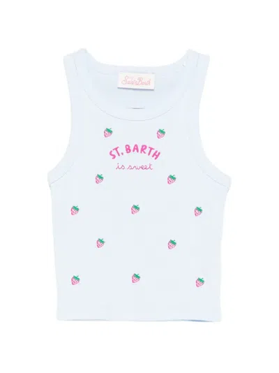Mc2 Saint Barth Kids' Blue Strawberry-embroidered Ribbed Tank Top In Multi