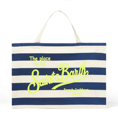 Mc2 Saint Barth Blue Striped Cotton Bag With Fluo Yellow Logo In Orange