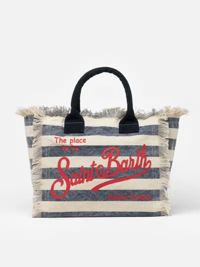 Mc2 Saint Barth Blue Striped Cotton Canvas Vanity Tote Bag