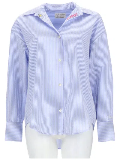 Mc2 Saint Barth Blue Striped Cotton Embroidered Shirt