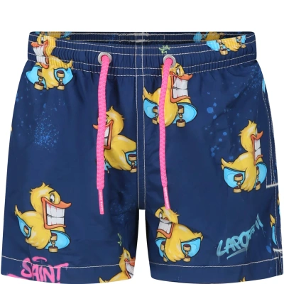 Mc2 Saint Barth Kids' Blue Swim Shorts For Boy With Ducky Print