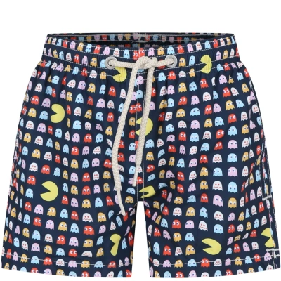 Mc2 Saint Barth Kids' Blue Swim Shorts For Boy With Pac Man Print