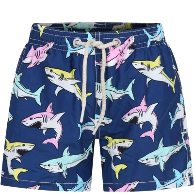 Mc2 Saint Barth Kids' Blue Swim Shorts For Boy With Shark Print