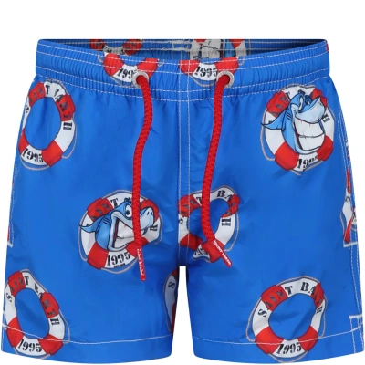 Mc2 Saint Barth Kids' Blue Swim Shorts For Boy With Shark Print