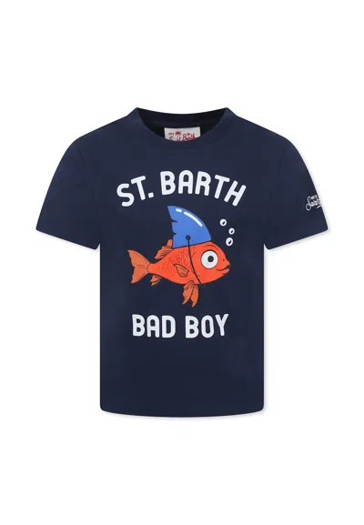 Mc2 Saint Barth Kids' Blue T-shirt For Boy With Glodfish
