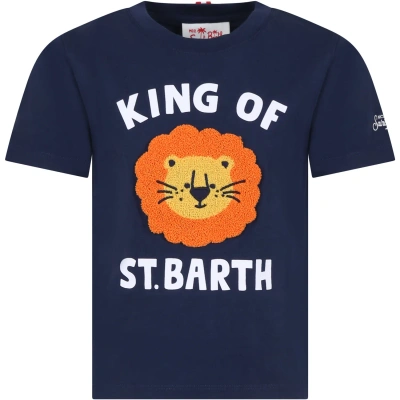 Mc2 Saint Barth Kids' Blue T-shirt For Boy With Lion And Logo