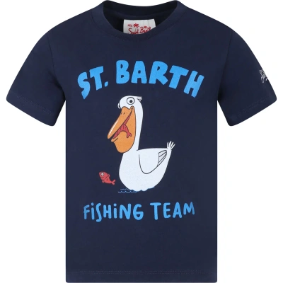 Mc2 Saint Barth Kids' Blue T-shirt Forboy With Pelican Print And Logo