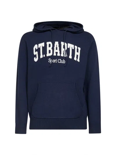 Mc2 Saint Barth Blue Wool Blend Knit Wood Hoodie In Animal Print