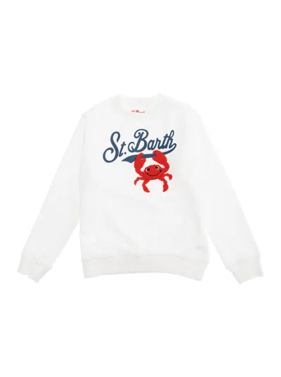 Mc2 Saint Barth Kids' Bobby White Crewneck Sweatshirt With Maxi Logo Print On The Front And Logo Patch On The Rear In Cott