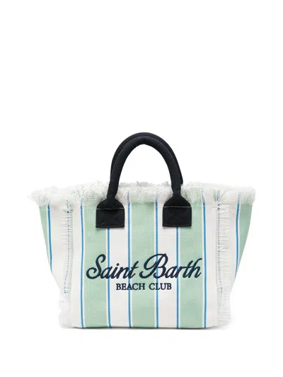 Mc2 Saint Barth Colette Striped Canvas Tote Bag With Fringes In Green