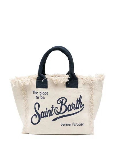 Mc2 Saint Barth White Canvas Vanity Regular Bag With Fringes In Neutral