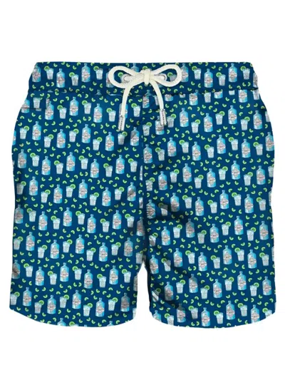 Mc2 Saint Barth Man Light Fabric Swim Shorts With Gin Print Gin Mare Special Edition In Blue