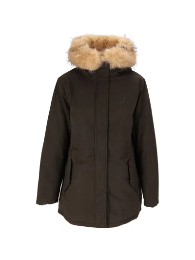 Mc2 Saint Barth Brenna Military Synthetic Fur Trim Waxed Cotton Parka In Brown